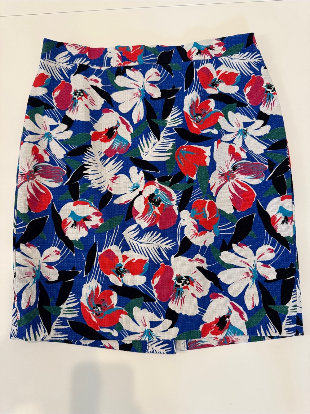 J. Crew Blue Floral Pencil Skirt with Red and White Blooms